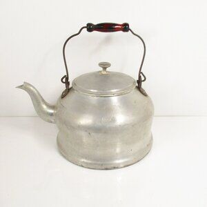 Vintage Aluminum Teapot Tea Kettle with  Wooden Handle 1950's  - 60's